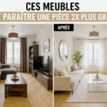 Comparaison avant après d’un salon montrant comment certains meubles donnent une impression d’espace beaucoup plus importante.