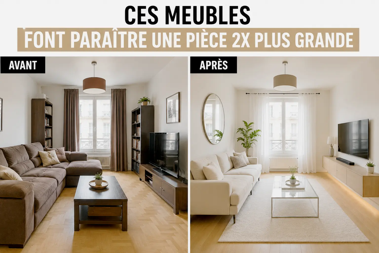 Comparaison avant après d’un salon montrant comment certains meubles donnent une impression d’espace beaucoup plus importante.