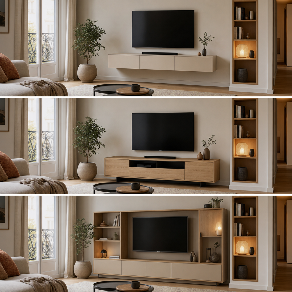 Quel meuble TV choisir dans un petit salon ? Les modèles qui évitent de surcharger l’espace 11 Comparatif entre meuble TV suspendu, bas et multifonction dans un petit salon