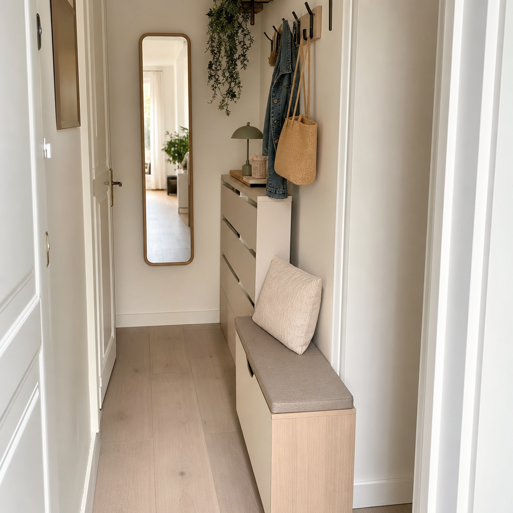 Aménager une entrée étroite : solutions pratiques pour la rendre plus fonctionnelle 10 Entrée étroite aménagée avec meuble gain de place et miroir