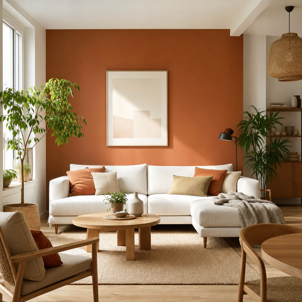 Créer un mur d'accent : quelles couleurs et quels matériaux choisir en 2026 ? 10 Mur d’accent en peinture terracotta dans un salon moderne