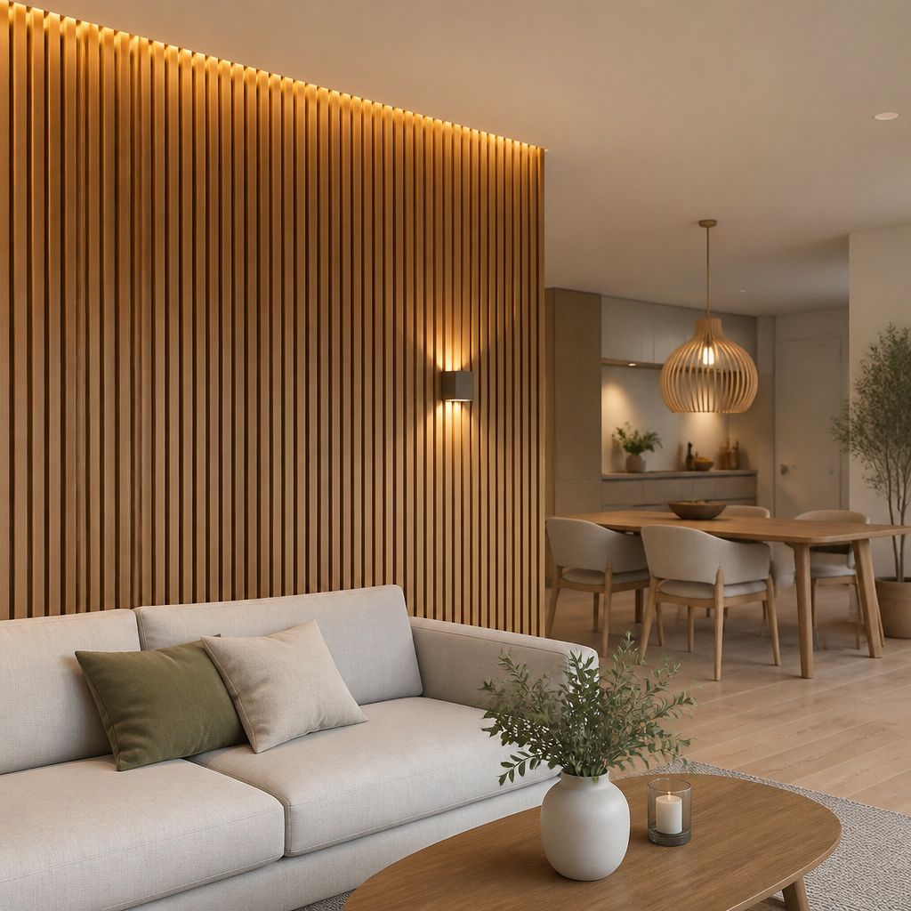 Créer un mur d'accent : quelles couleurs et quels matériaux choisir en 2026 ? 11 Mur d’accent en tasseaux bois dans un intérieur contemporain
