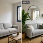 Relooker le mur de son salon en rajoutant une plante et un miroir