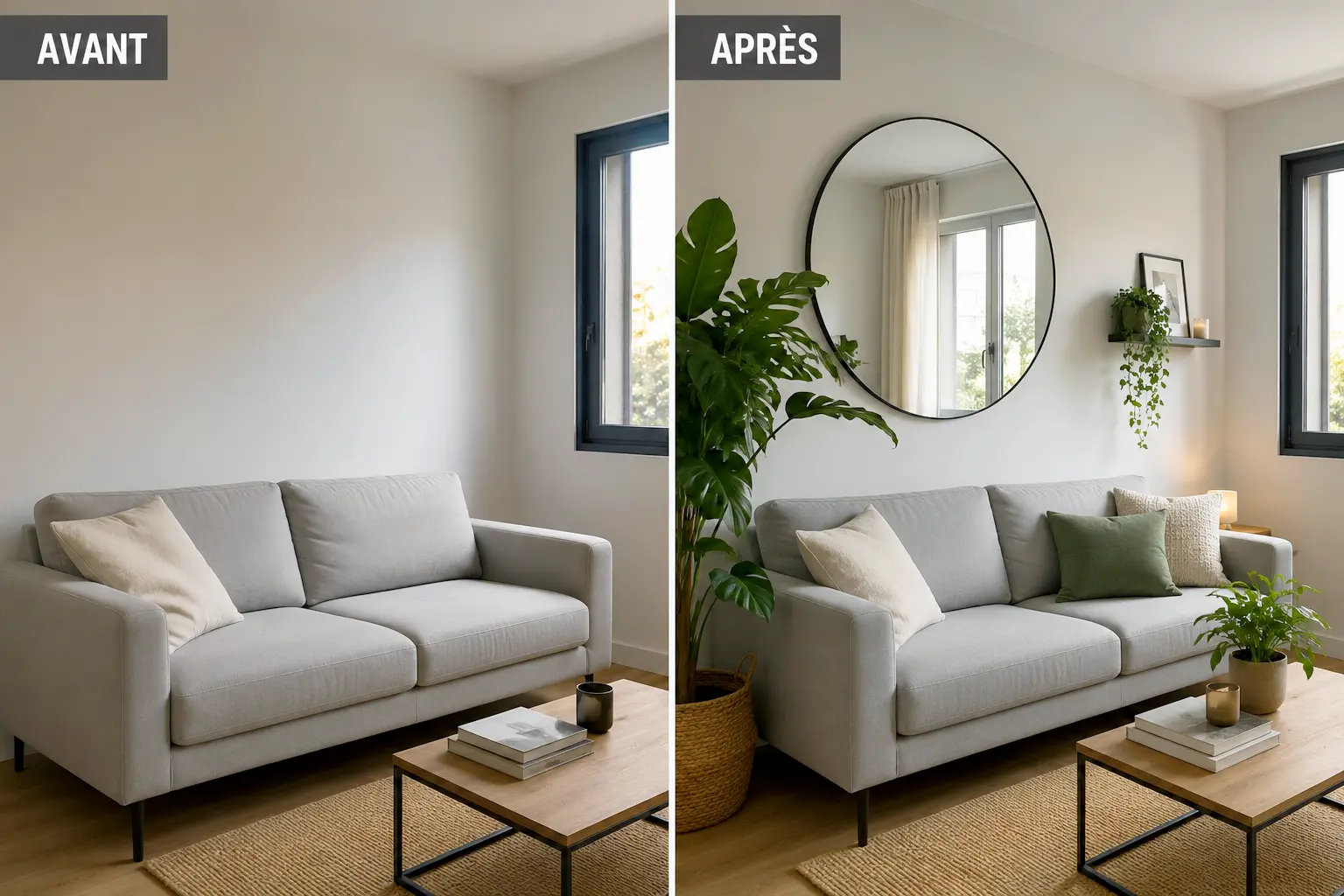 Relooker le mur de son salon en rajoutant une plante et un miroir