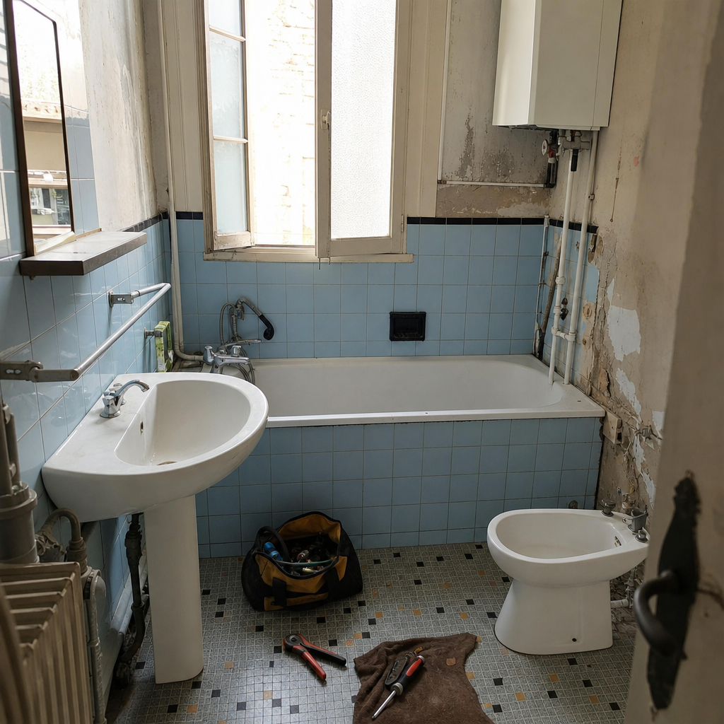 Quel budget prévoir pour rénover une salle de bain en France ? Fourchettes et postes de dépense 10 Salle de bain avant rénovation avec ancien équipement et chantier en cours