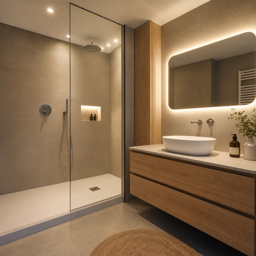 Quel budget prévoir pour rénover une salle de bain en France ? Fourchettes et postes de dépense 12 Salle de bain rénovée avec douche à l’italienne et finitions modernes
