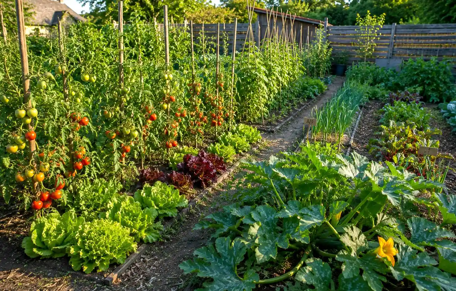 Potager familial avec différents légumes cultivés près de la maison