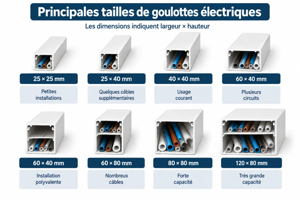 Goulotte, moulure ou plinthe électrique : laquelle choisir pour cacher ses câbles sans tout refaire ? 2 Infographie montrant huit goulottes electriques ouvertes avec des cables de couleurs visibles dans chaque compartiment