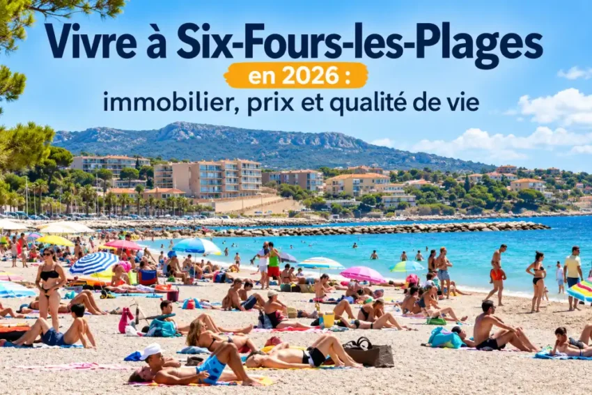 Vivre à Six-Fours-les-Plages en 2026 : immobilier, prix et qualité de vie 1 Vue d'une plage bondee avec baigneurs en maillots et parasols colors, mer bleue et batiments en arriere-plan
