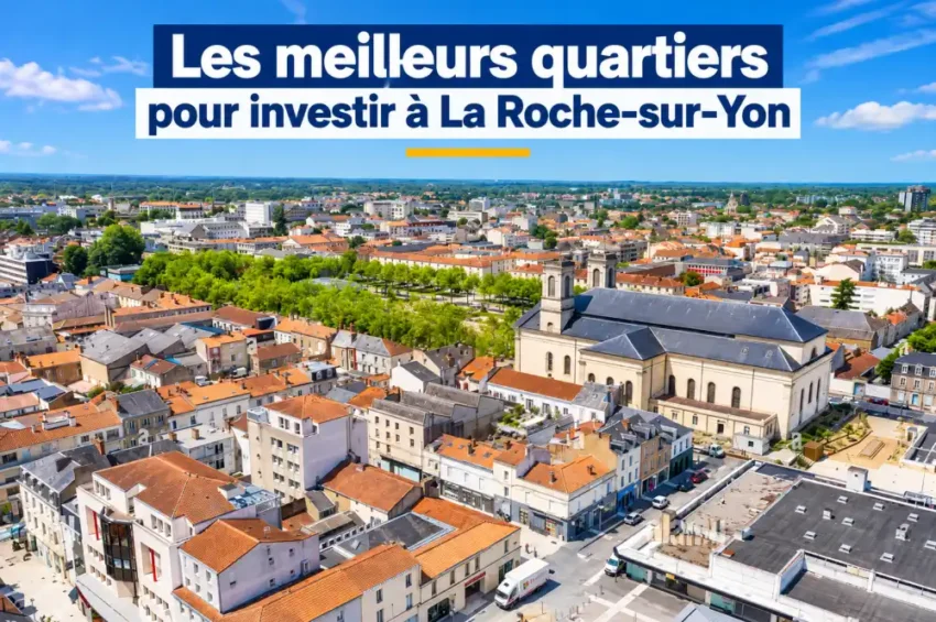 Investir à La Roche-sur-Yon : quels quartiers choisir pour un investissement immobilier rentable ? 1 Plan aerien montrant une ville dense avec des toits orange, une grande eglise au premier plan et des espaces verts au milieu